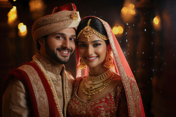 Canvas Print - Portrait of a smiling Indian ethnic Bride and Groom wearing  traditional costumes and jewellery