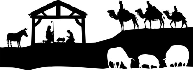 Wall Mural - A Christmas nativity scene with baby Jesus in the manger and wise men