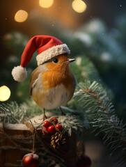 Cute photo of a robin redbreast bird (european songbird Erithacus rubecula) sitting in a christmas tree, wears santa claus hat