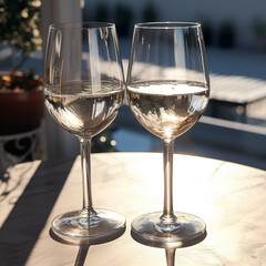 Fotografia con detalle de dos copas de cristal con bebida, sobre una mesa con luz de sol