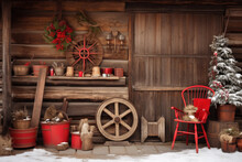 Rustic Christmas Decor With Wreath And Red Chair Outside Cabin.