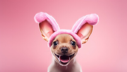 Wall Mural - Little dog with a bow on his head on a pink background, easter concept