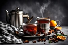 Tea Or Mulled Wine In Stainless Steel Cup And Checkered Plaid On The Grey Background