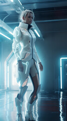 Wall Mural - Young woman in futuristic costume indoors on neon light background. Fashion of future concept.