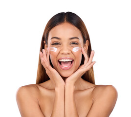 Canvas Print - Skincare, beauty and portrait of happy woman with cream for anti aging, cosmetics and facial treatment. Excited, moisturizer and isolated person for dermatology on png or transparent background