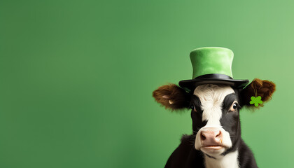 Cow in a hat on a green background, concept St.Patrick 's Day