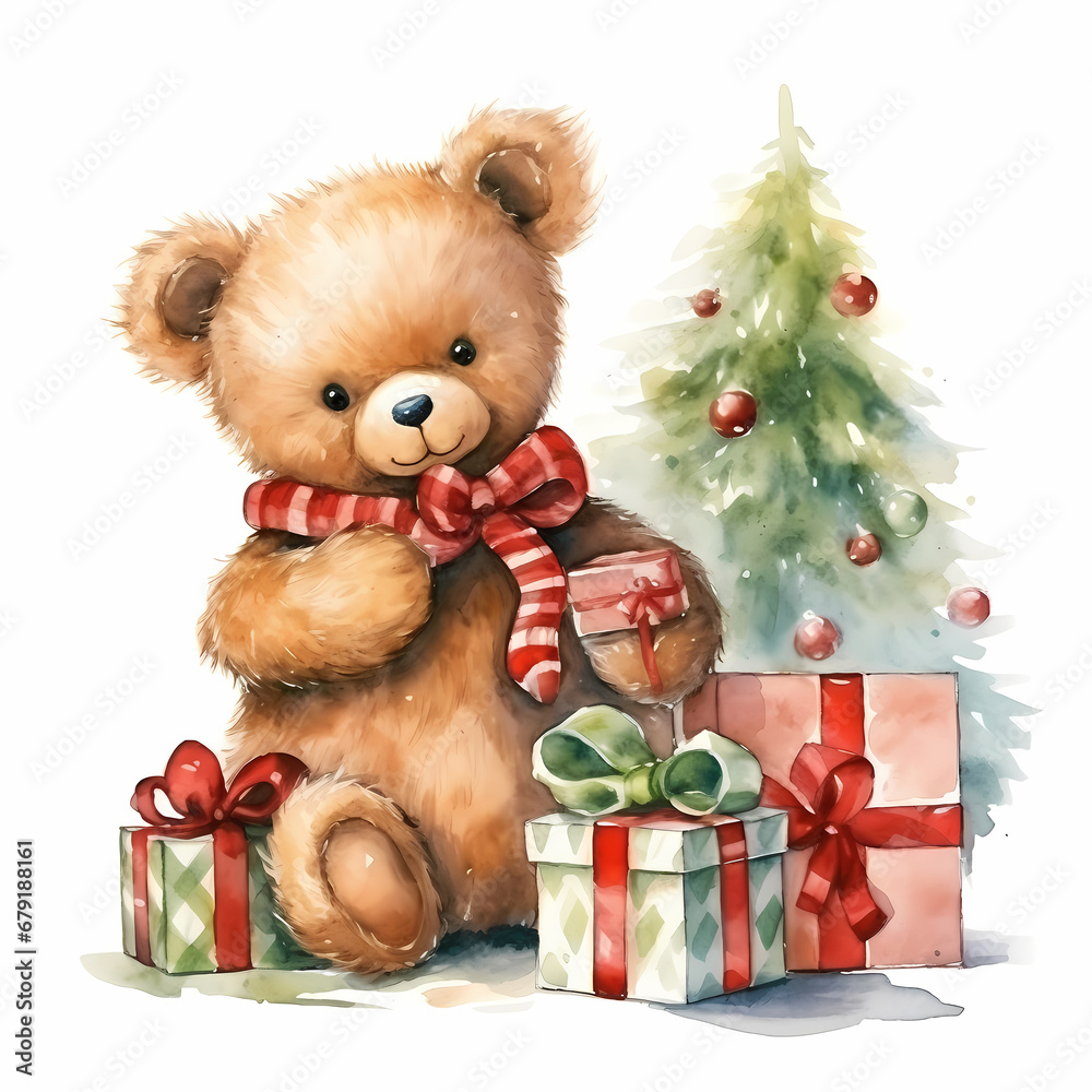 Cute Christmas bear toy with gifts. Watercolor illustration. Stock ...