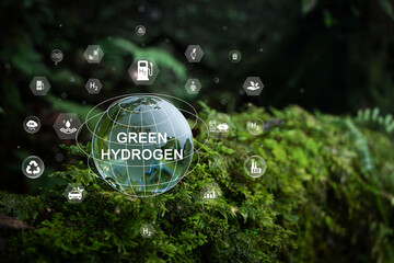 Crystal globe with Clean hydrogen energy icon for Eco-friendly industry and alternative energy Future climate friendly energy for Sustainable Environment.Hydrogen production.Hydrogen Industry Concept.