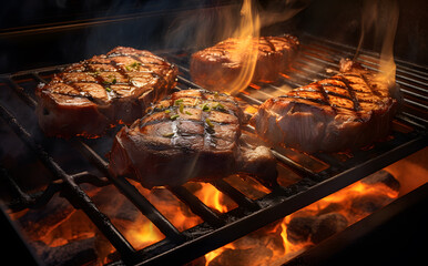 Promotional commercial photo barbecue steak fried on the grill in front of fire