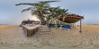 360 hdri panorama with coconut trees on ocean coast near tropical shack or open cafe on beach with sunbeds in equirectangular spherical seamless projection