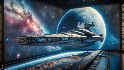 a spacecraft hovers near a viewing station overlooking a breathtaking cosmic scenery with planets an