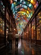 Imposing vintage gallery with a stained glass roof and businesses with classic stained glass windows.