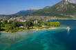 Aerial view of Annecy lake waterfront low tide level due to the drought in France