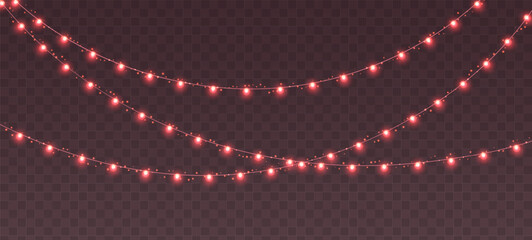 Wall Mural - Christmas garland, glowing red light bulbs string with sparkles. Xmas, New Year, wedding or Birthday lights. Vector party event decoration. Winter holiday season element.