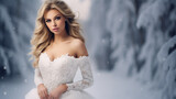 Fototapeta Do akwarium - Beautiful bride in a white wedding dress on a winter snowy landscape.
