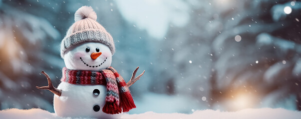 Wall Mural - Winter background with a snowman in a winter snowy forest. New Year header for a website with Copy space.