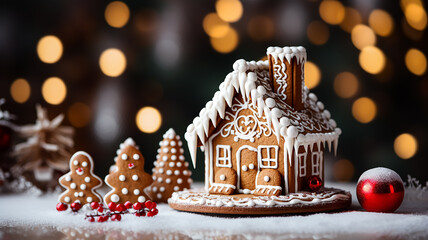 Sticker - Winter background with Christmas gingerbread. New Year image with Copy space.
