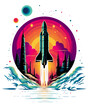 Logo design featuring a stylized, retro rocket ship with sleek, futuristic details, set against a backdrop of stars and planets