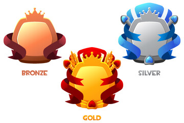 Wall Mural - Game level bronze, silver, and gold badges. Empty award badges with royal banners and UI icons. Isolated bonus graphic elements, reward, trophy achievement, and prize