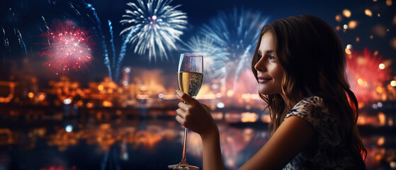 Image firework and Woman with blurred background, with empty copy space