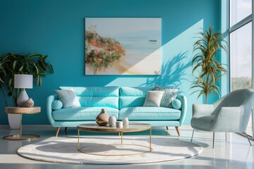 A living room design style filled with the modern charm of turquoise tones.