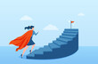 Stair to success, career path to achieve business target. Vector of a super hero woman climbing up stairs to reach her ambitions