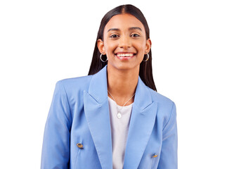 Poster - Business woman, happy and portrait for professional style, fashion suit and career pride. Smile, face or young indian employee with confident for about us or isolated on transparent png background