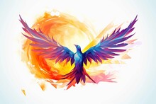 Orange, Blue, Purple Phoenix Majestic Bird In The Sky, Flying Away From Fire, With Long Spiral Tail In Fire, Sunlight, Vector Logo Style