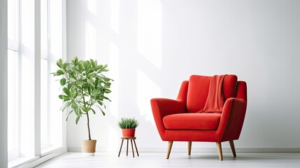 minimalist Interior of a bright living room with red armchair on empty white wall background