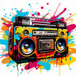 vibrant pop art old school boombox executed in rich colors with dripping paint and graffiti elements