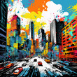 vibrant pop art cityscape executed in rich colors with dripping paint and graffiti elements