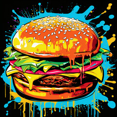 Wall Mural - vibrant pop art hamburger executed in rich colors with dripping paint and graffiti elements