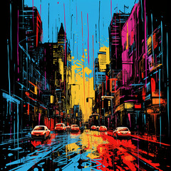 Wall Mural - vibrant pop art cityscape executed in rich colors with dripping paint and graffiti elements