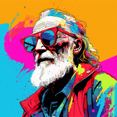 vibrant pop art portrait of a old man executed in rich colors with dripping paint and graffiti elements