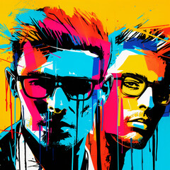 Wall Mural - vibrant pop art portrait of a men in glasses executed in rich colors with dripping paint and graffiti elements