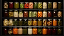 Shelves With Various Glass Jars Containing Preserved Vegetables And Fruits Are Arranged In A Dark Pantry.