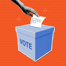 Female Hand Putting Ballot Paper Into Ballot Box In Pop Art Retro Halftone Style. Y2k Trendy Vector Illustration. Democracy, Freedom Of Speech, Justice Voting Poster. VOTE 2024