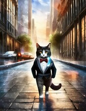 Tuxedo Cat Walking Down A City Street In A Tuxedo