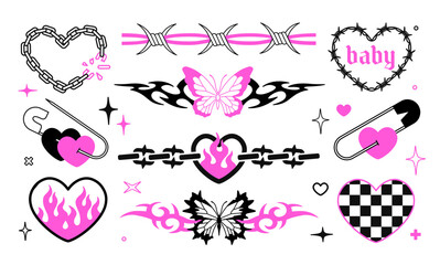 Wall Mural - Y2k temporary Glamour  tattoo stickers. Girly Gothic pink and black Emo style elements. Butterfly, flamed heart, chain, barbed wire decoration. 90s - 00s Aesthetic tattoo design. Isolated vector