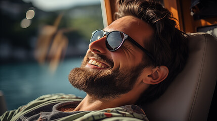 Wall Mural - Portrait of a handsome bearded man in sunglasses sitting on a motor boat