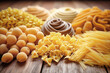 A variety of pasta made from different types of legumes, green and red lentils, mung beans and chickpeas. Gluten-free pasta. Pasta made from durum wheat.