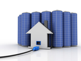 Poster - 3d rendering Network connection, internet communication and computer technology concept, closeup view of curved ethernet cable plug connector connected house near battery
