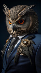 Wall Mural - Owl dressed in an elegant suit with a nice tie. Fashion portrait of an anthropomorphic animal, bird, posing with a charismatic human attitude