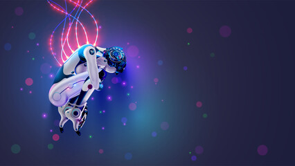 Leinwandbilder - Robot woman curl up, sleeping in cyberspace. Cyborg connection cables with data signals. Sci fi illustration of humanoid anthropomorphic female robot. AI concept illustration. Artificial Intelligence.