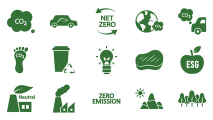 Icon collection with zero emissions esg symbol concept. greenhouse gas carbon credit design set. protect ecological green vector glyph. carbon net zero neutral natural. carbon footprint art pictogram