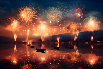 fireworks during festival on the lake.