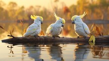 A Family Of Sulphur-crested Cockatoos Gathered Around A Waterhole, Their Reflections Mirrored In The Still Waters.