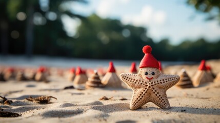 Wall Mural - Starfish in red santa hat on sandy beach