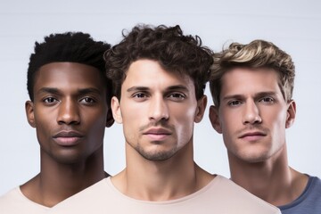 Portrait of three handsome men with unique skin tones on white background. Skincare and diversity concept.