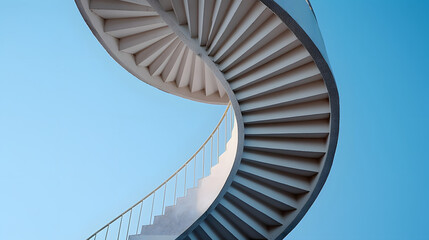 Wall Mural - Low angle shot of curved spiral stairs under a bright blue sky